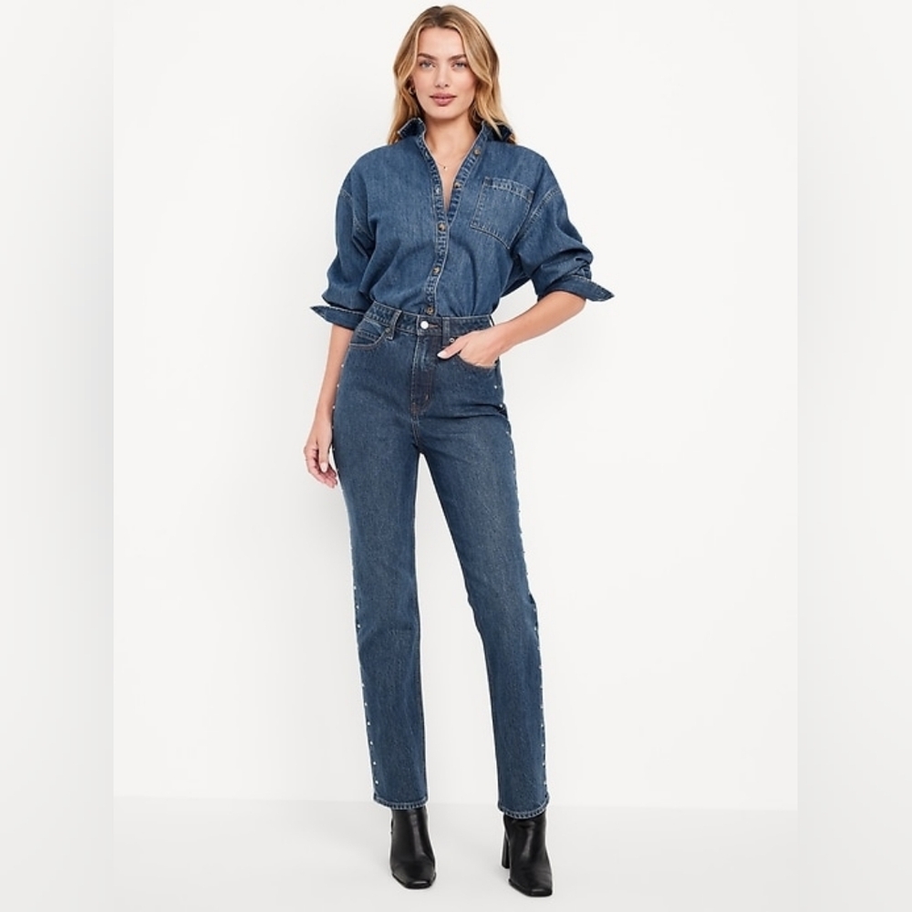 Extra High-Waisted Studded Straight Jeans
